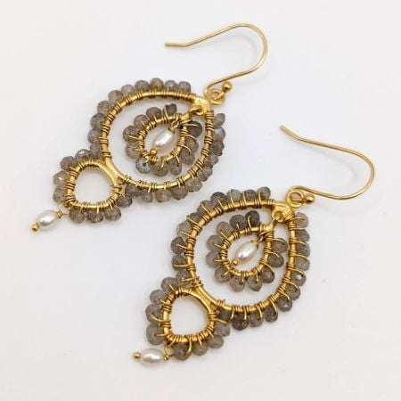 Labradorite & Pearl dangle Earring, Gemstone Brass jewelry, 22k gold plated